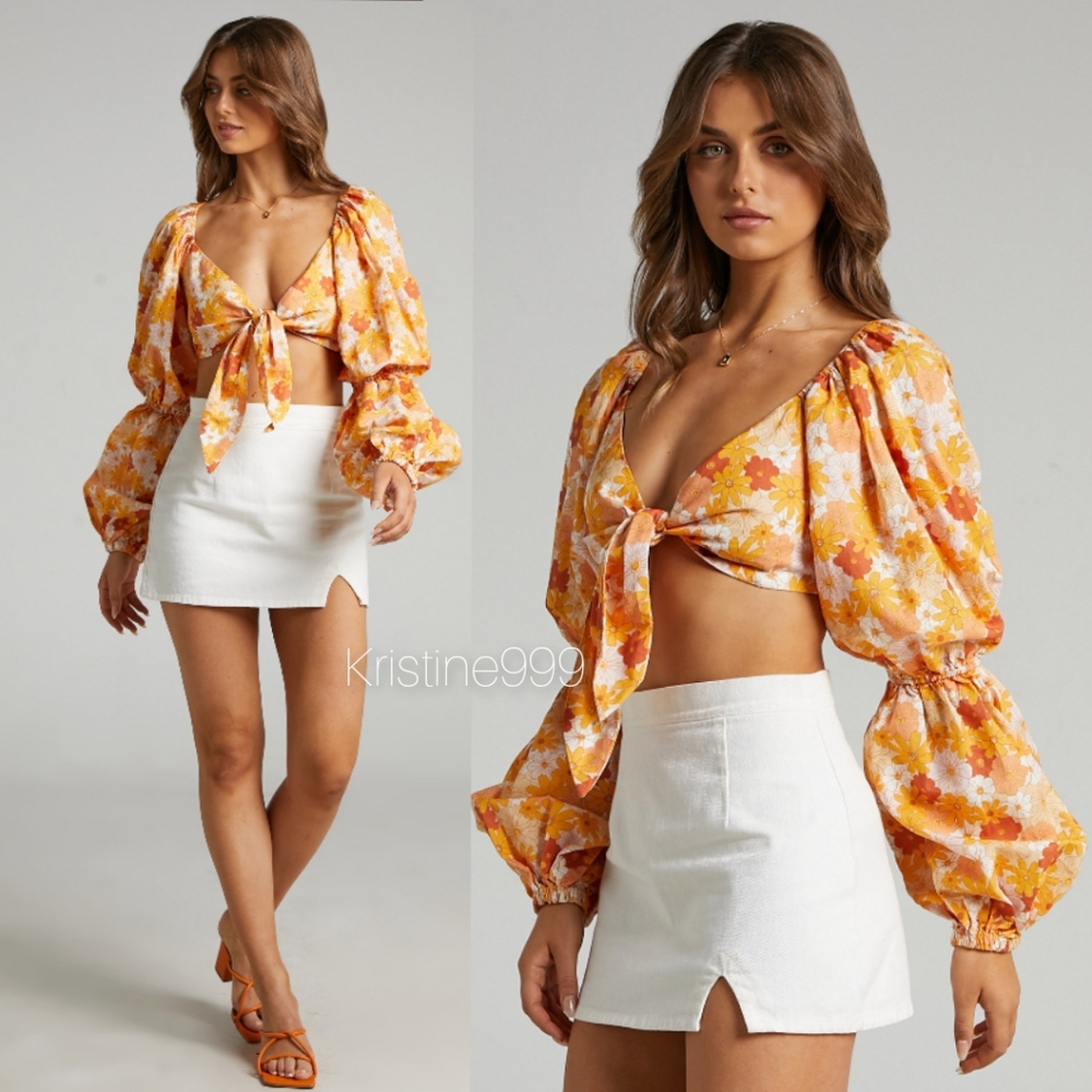 Charlie Holiday Anthropologie 70's Floral Crop Top with Statement Sleeve NWT